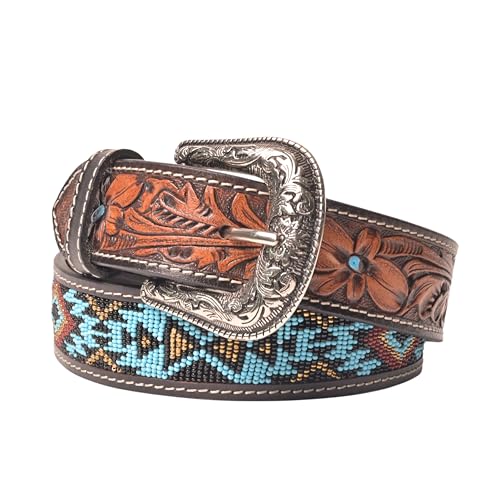 Beaded Western Leather Belt for Men Full Grain Premuim Leather Waist Belt with Changeable Buckle