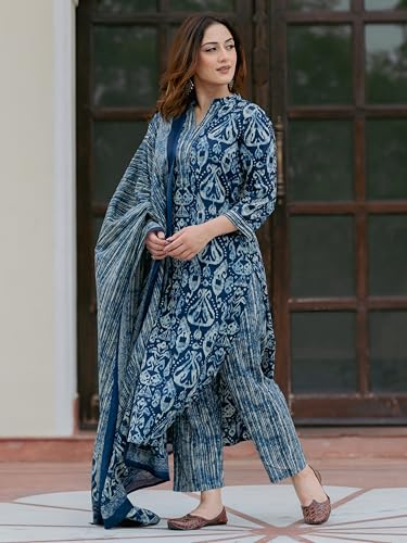 Image of Arayna Women's 100% Pure Cotton Ikat Printed Ethnic Straight Kurta Pant and Dupatta Set for Women