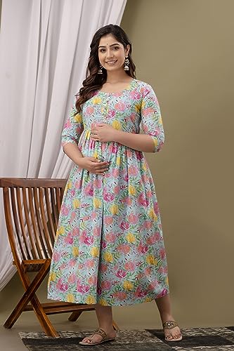 Image of Maternity Feeding Kurti for Women | Cotton Blend Anarkali Dress with Nursing Zip for Pre & Post Pregnancy