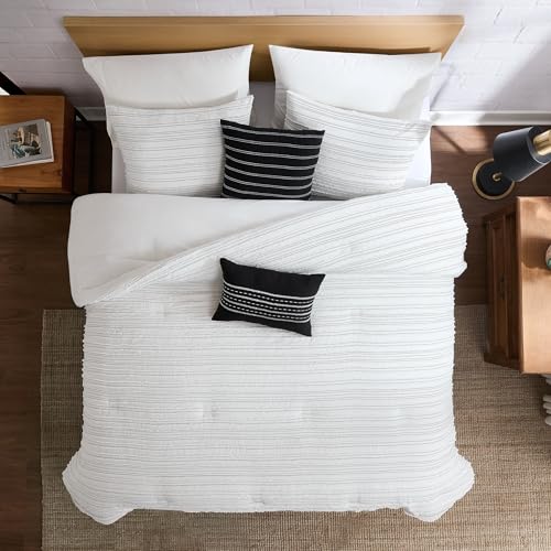 Image of Modern Threads Dixie White Jacquard Comforter Set - 5 Piece Textured Bedding with Decorative Pillows & Shams, Soft All Season Farmhouse Bed Set, Bright White with Graphite Stripes, King