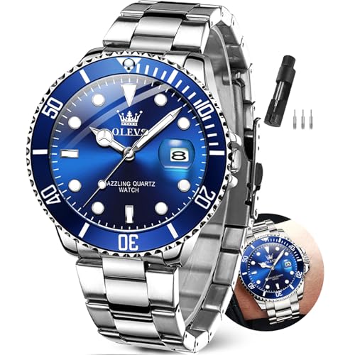 OLEVS Mens Silver Watch Blue Mens Watch Luxury Dress Cheap Watches for Men Stainless Steel...