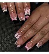 24Pcs Short French Tip Press on Nails 3D Bow Flower Fake Nails Cute Designs Square Glue on Nails ...