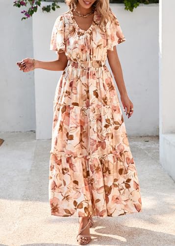 KIRUNDO Womens Summer Boho Floral Maxi Dress Flutter Short Sleeve V Neck Ruffle Tiered Flowy Beach Wedding Guest Dresses4