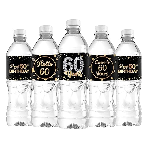 Etiquetas para botellas de agua de fiesta de 60 años, pack de 33 unidades en color negro