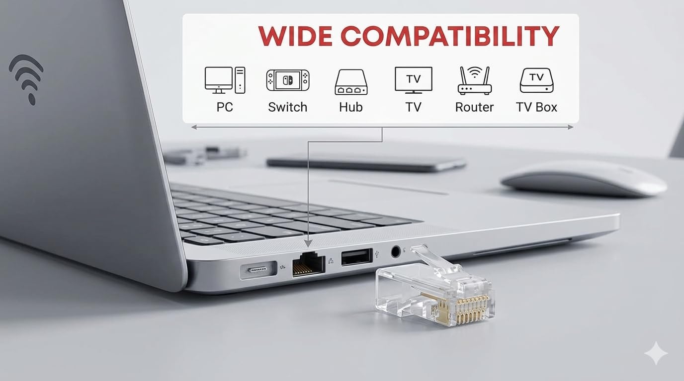 Cctv4Less Cat5e RJ45 Connectors 100-Pack, Gold Plated Ethernet RJ45 Plugs for Solid & Stranded UTP Network Cable, Cat5 Modular Plug