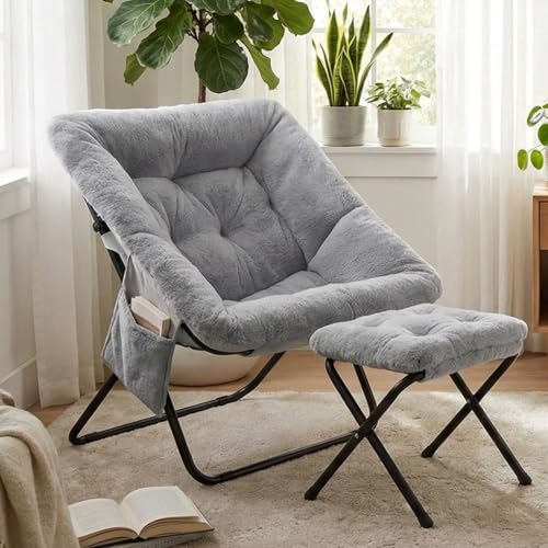 Clevich Sillón de relax con taburete de 72 x 76 x 78 cm, plegable, de felpa, con bolsillo lateral y estructura de metal estable para rincón de lectura, apartamento, salón, dormitorio, dormitorio (gris