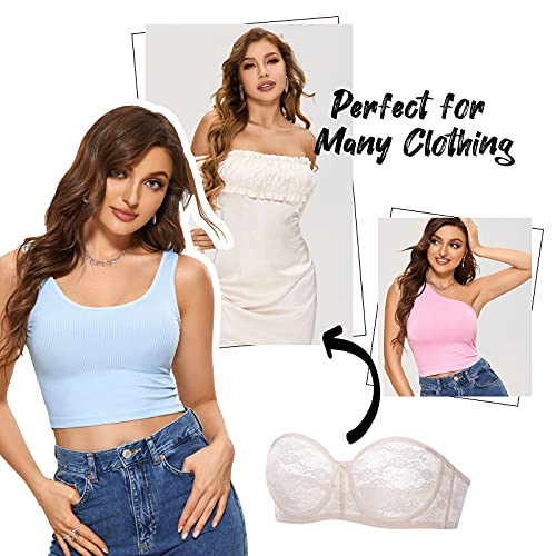 Dobreva Women's No Padding Strapless Lace Bra Underwire Multiway See-Through Rose White 38C #TOP4