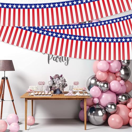 Image of 2 Pack 1.2 x 20 ft Patriotic Red White Blue Metallic Foil Fringe Garland, American Flag USA Streamers, Stars & Stripes Tinsel Banner for 4th of July, Memorial Day, Independence Day Decorations