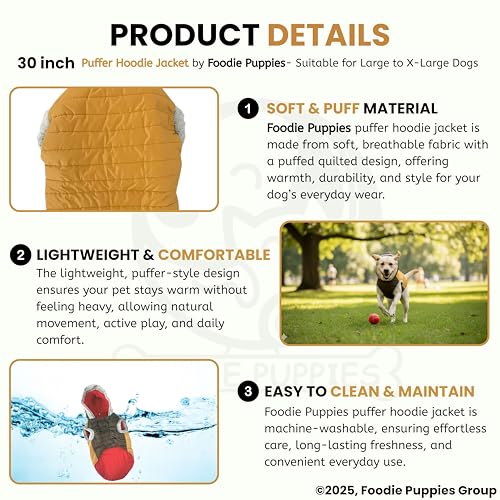 Image of Foodie Puppies Dog Puffer Hoodie Warm Winter Jacket - (Yellow Olive, 30 Inch) for Xtra Large Dogs | Ultra Warm Waterproof & Windproof Fur Coat | Washable Pet Vest Apparel for Cold Weather