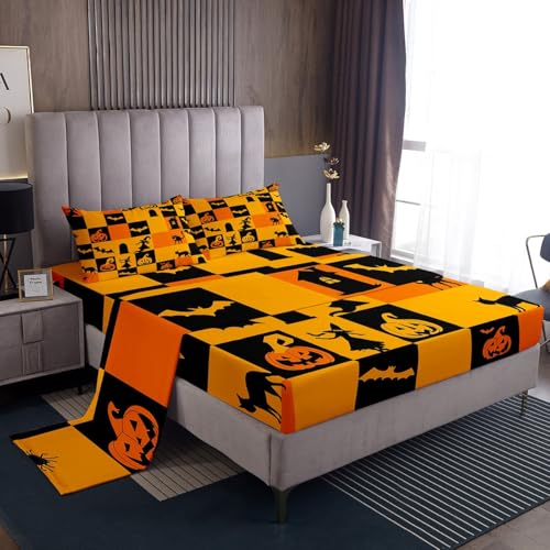 Homemissing Juego de sábanas de Halloween con diseño de calabaza, murciélagos y dibujos animados, diseño geométrico de gato negro, tamaño individual, 1 sábana bajera, 1 funda de almohada y 1 sábana