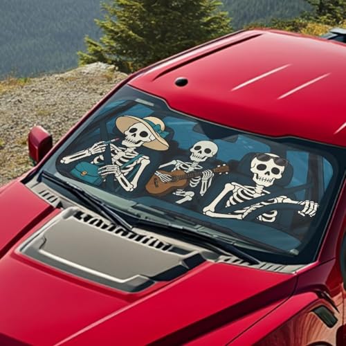 Image of Funny Skeleton Windshield Sun Shade Universal Fits Cars, SUVs, Trucks Sunshade, Keeps Your Vehicle Cool Blocks UV Rays Car Accessories for Summer, (66.53x34.44 Inches)