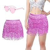 Lalieffacely Falda Lentejuelas Mujer, Disfraz Mujer Carnaval, Falda Danza del Vientre con Flecos y Gafas Hippie para Carnaval Party Disfraz (Rosado)