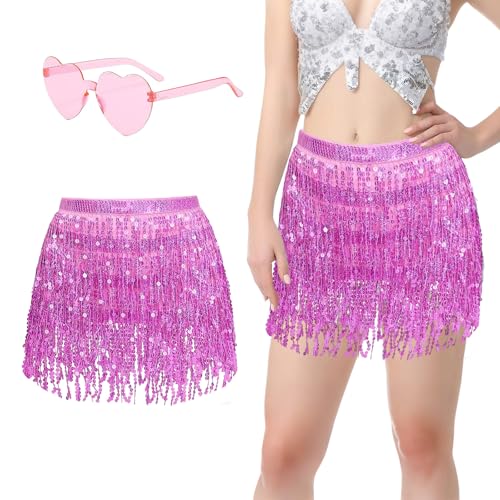 Lalieffacely Falda Lentejuelas Mujer, Disfraz Mujer Carnaval, Falda Danza del Vientre con Flecos y Gafas Hippie para Carnaval Party Disfraz (Rosado)