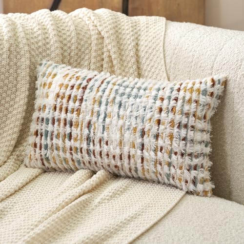 Boho Chenille Tufted Pillow Cover 12x20 Inch, Rectangle Decorative Lumbar Throw Pillow Cover Neutral Pillowcase for Couch Bedroom Living Room, Orange White