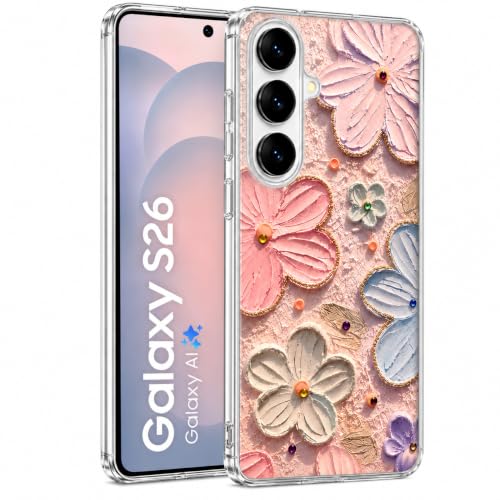 Image of Elzzi Compatible with Samsung S26 Case Laser Flower Oil Painting Cute Colorful Blue Ray Bumper with Full Camera Protection Shockproof PC+TPU Glossy Shiny Cover for Girls Women, Pink