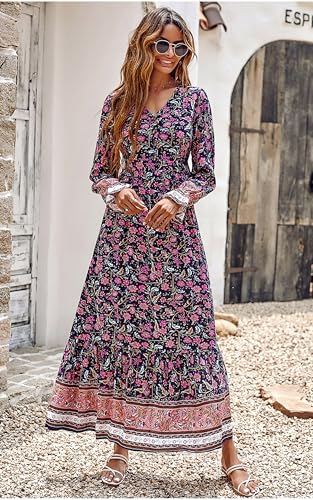 PRETTYGARDEN Long Sleeve Maxi Dress for Women V Neck Casual Button Down Boho Long Floral Dresses