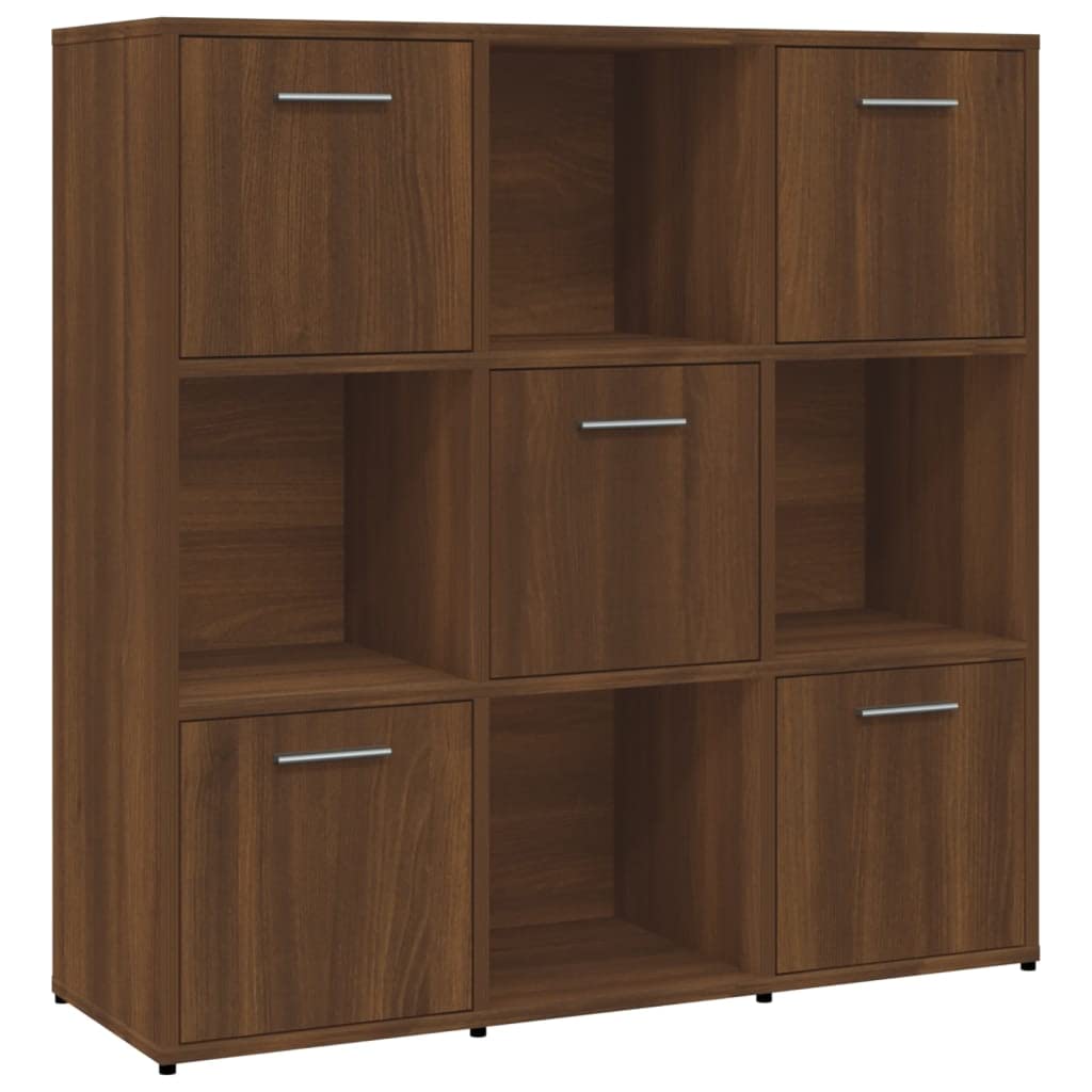 Générique Bibliotheque Chene brązowy 90x30x90 cm Wood Ingenierie | 9 przegródek, 5 drzwi, przechowywanie książek DVD, solidny top, mocowanie ścienne w zestawie