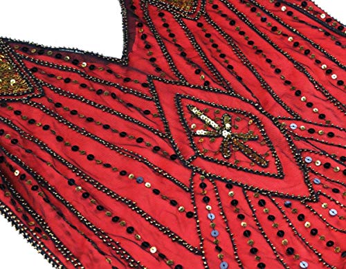 Women's 1920s Gatsby Inspired Sequin Beads Long Fringe Flapper Dress w/Accessories Set, Gold&red, X-Large - Thumbnail 3