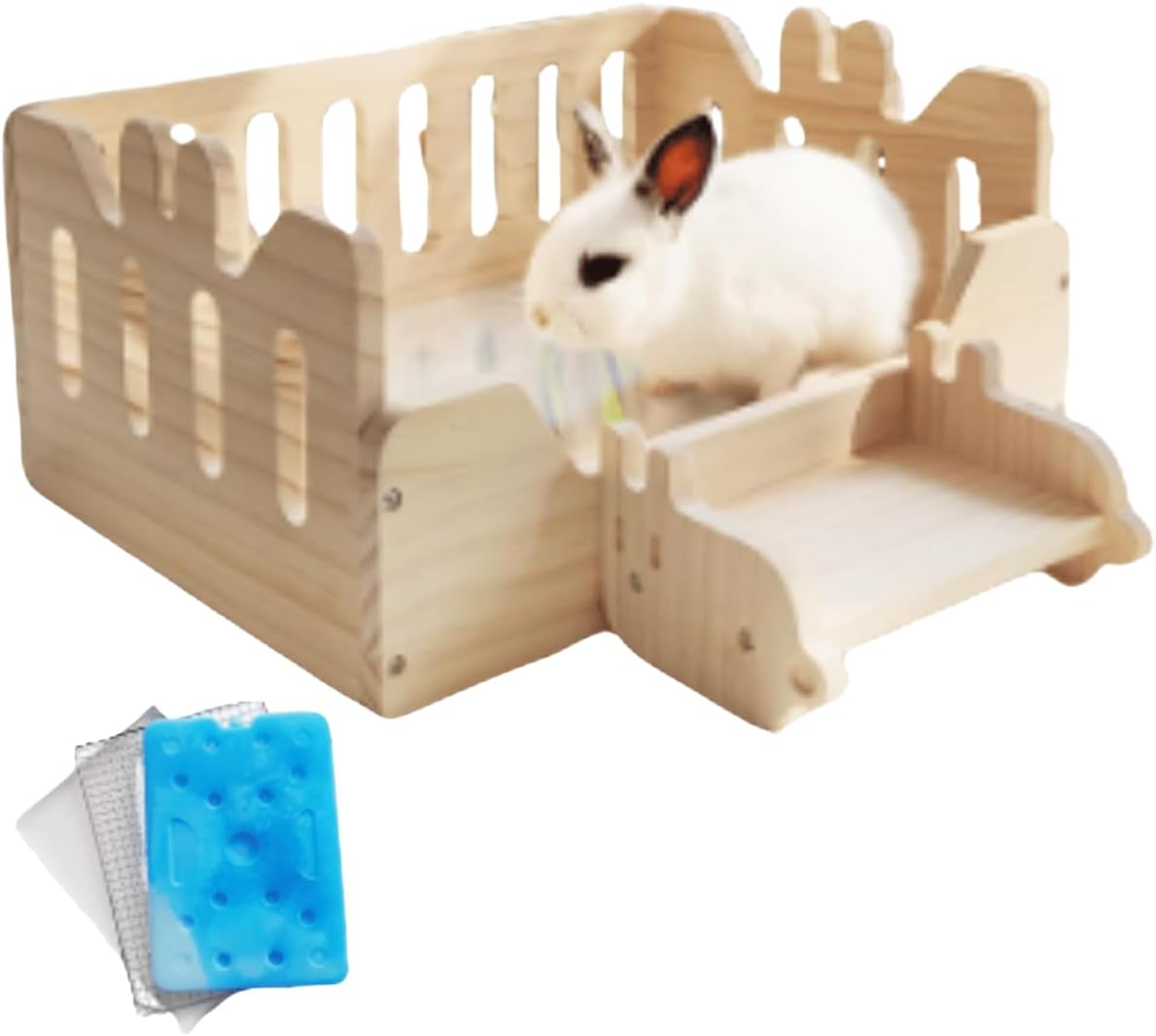 Wooden Guinea Pig Bed with Stairs, Cooling Ice Box, Metal Pad and Mat, Small Animal Bed Guinea Pig Platform Bed for Hamsters Dwarf Rabbits Chinchilla (Horizontal,with Aluminium Sheet)