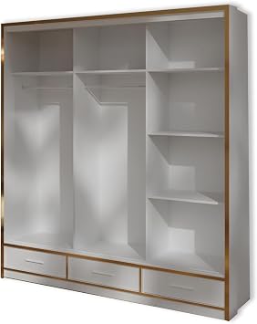 High Gloss Sliding Mirror Wardrobe with Gold Trim – Black or White – 208cm/255cm – Modern Bedroom Storage with Drawers, Shelves & Hanging Rails. (White, 208cm)
