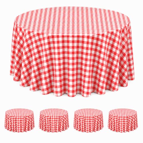 Image of WNINK 4 Pack Red Gingham Round Tablecloth, 84 Inch Disposable Plastic Table Covers, Red Checkered Round Table Cover for Birthday Parties, Holiday, Picnic, BBQ, Family Gathering Party Supplies