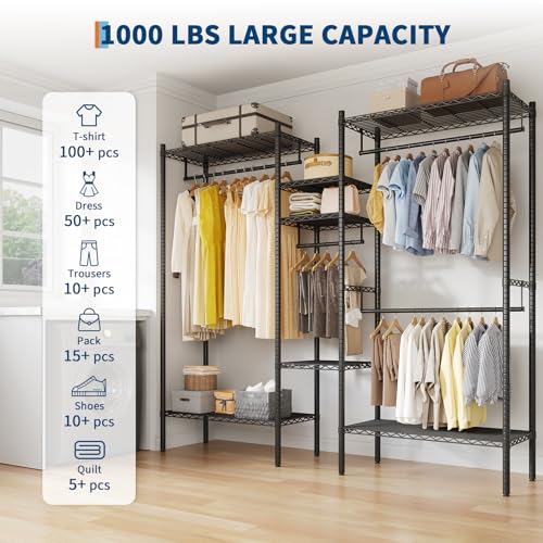 Heavy Duty Clothes Rack, Clothing Racks for Hanging Clothes, Freestanding Garment Racks with Shelves, Adjustable Closet Racks, 73.6" L x 17.3" W x 76.4" H, Max Load 1000LBS, Black - image 2