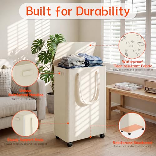 Image of Slim Laundry Hamper with Wheels,15 Gal (55L) Rolling Laundry Basket with lid and wheels Clothes Hamper Foldable Tall Dirty Clothes Basket Sturdy Collapsible Clothes Hamper for Dorm,Laundry Room