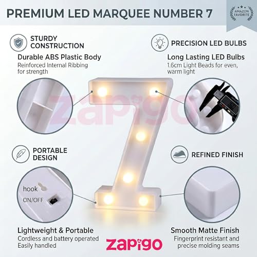 Image of Balloonistics LED Marquee Number 7 Light - 9-Inch Cordless Battery-Operated Light Up Number Sign for 7th Birthday, Anniversary, Wedding, Party Decoration & Home Decor