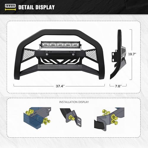 Image of Bull Bar with LED Light & License Plate Frame Compatible with 2015-2022 Chevy Colorado & GMC Canyon Front Brush Guard, Truck Guard Grille, Bumper Push Bar (Include Light Mount & Skid Plate)