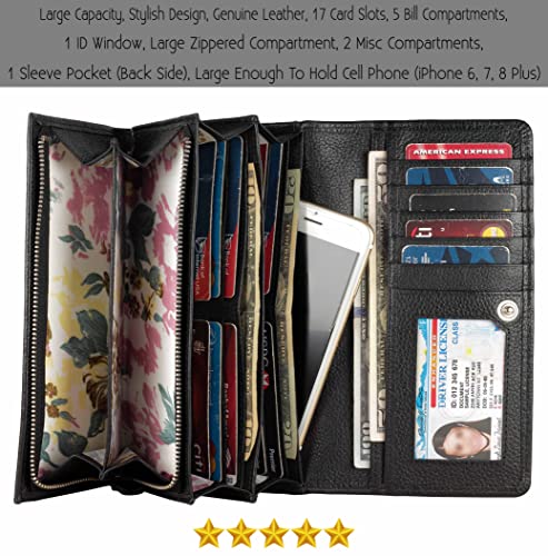 Image of Women's Top Grain Leather Wallet, RFID Blocking Bifold clutch, 17 Card Slots, Zip Pocket Organizer, Elegant Gift for Women - Birthday, Valentine, Anniversary - PEBBLES BLACK