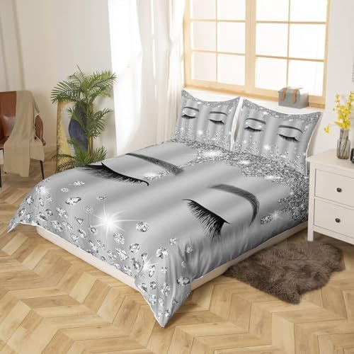 Eyelash King Size Duvet Cover Sets Grey Ombre Bedding Set for Kids Teens Adults,Giltter Diamond Art Duvet Cover for Girls Women Bedroom Decor,Aesthetic Silver Grey Comforter Cover 3 Pieces - Image 3