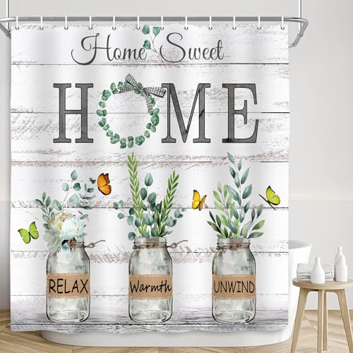 iTapnoom Sage Green Eucalyptus Leaves Shower Curtain, Flower Home Sweet Country Farmhouse Bathroom Shower Curtain Set, Polyester Waterproof Bath Curtian Accessory Set 12 Hooks 72x72 inch
