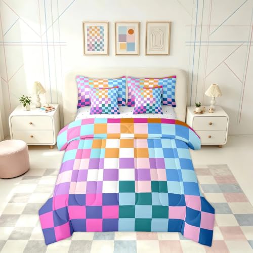 Image of Feelyou Multicolored Checkered Retro Bedding Sets Kids Boys Girls Geometric Vintage Comforter Bed in a Bag Twin Size Rainbow Colorful Bed Duvet Insert Modern Groovy Aesthetic Room Decor