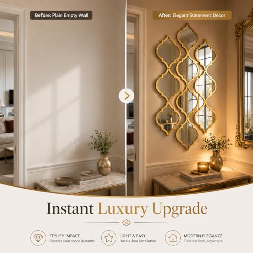 Image of Set of 9 Quatrefoil Wall Mirrors - Decorative Moroccan Lattice Accent Mirrors - Interlocking Geometric Wall Art for Living Room, Entryway, and Bedroom Decor (Gold)