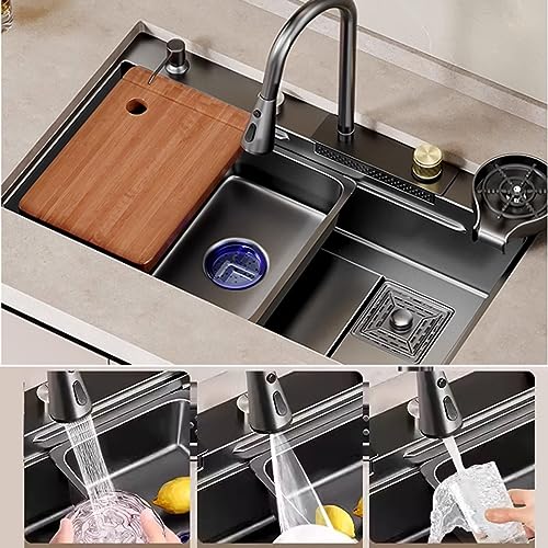 Fregadero de cocina grande negro para evitar salpicaduras con grifo extraíble de 72x45 cm 3