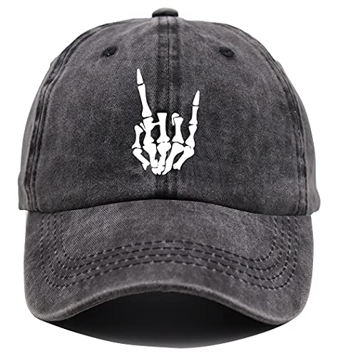 Image of Skeleton Hand Hat, Skull Finger Baseball Cap Adjustable Washed Distressed Denim for Men Women