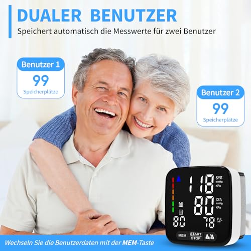Axets® Blutdruckmessgerät Handgelenk mit Arrhythmie-Erkennung, vollautomatisch präzise Blutdruck- und Pulsmessung, farbigem Risiko-Indikator, 2×99 Speicherplätze, für Handgelenke 13,5-21,5 cm