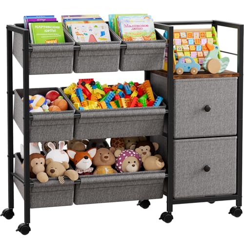 Modanais Kids Toy Organizers and Storage Bins - 7 Storage Bins + 2 Fabric Drawers + 1 Bookshelf, Playroom Storage, Mobile Cart Organizer for Toy, Clothes, Blankets and Books - Black