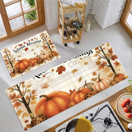 Lot de 2 tapis de cuisine orange motif script d'automne