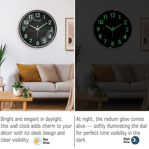 Image of RANDOM Modern 12.75INCH Wall Clock with 3D Radium Numbers, Silent Non-Ticking, Premium Black Frame, Ultra Clear Glass for Living Room, Home Office