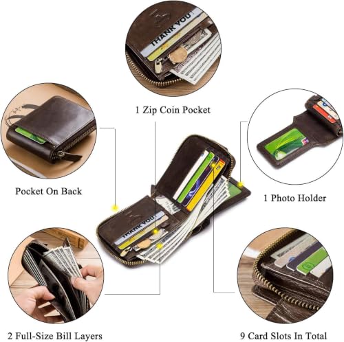 Image of BAIGIO RFID Men Leather Zipper Wallet Zip Around Wallet Bifold Multi Card Holder Purse (Brown)