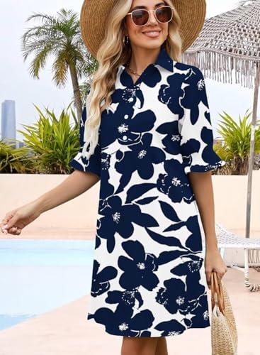 Image of Womens Summer Shirt Dress 2026 Casual Ruffle Short Sleeve Button Down Flowy Swing Shift Mini Dresses with Pockets