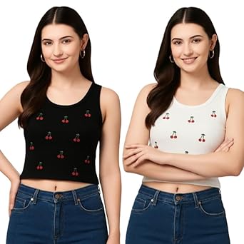 Buy Style Prezone Women's Black Cherry Print Crop Tank Top