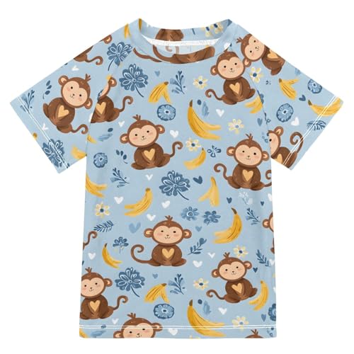 ALAZA Kids Rash Guard Boys Toddler Swim Shirts Short Sleeve Monkey Banana Blue UPF 50+ 3T