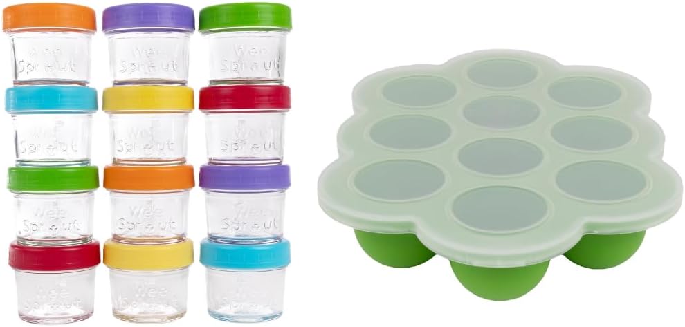WeeSprout Baby Meal Prep Bundle - Glass Baby Food Storage Jars Containers with Plastic Lids & Silicone Freezer Tray - Microwave, Freezer & Dishwasher Safe - for Baby Food & Breast Milk