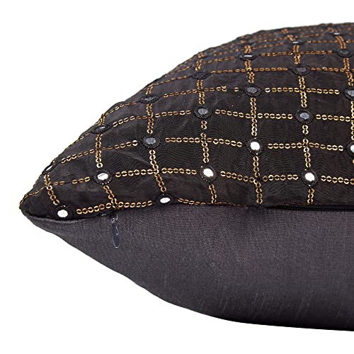 Image of Black Cushion Covers 12x18 Set of 2, Embroidered Cushion Covers, Fancy Rectangular Cushion Covers, Festive Mirror Work Cushion Covers, Black Kusan piloo Set