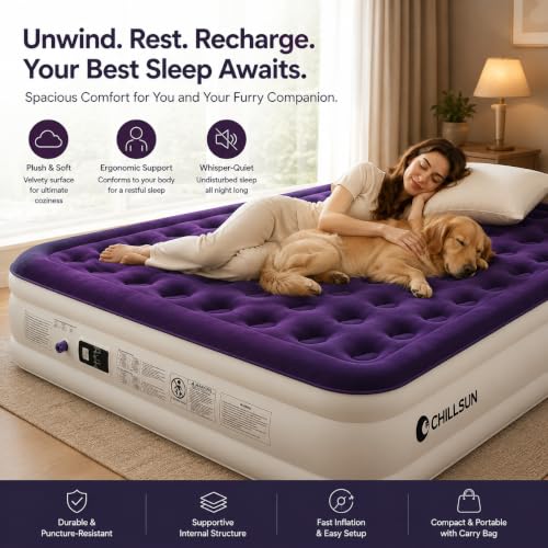 Image of CHILLSUN King Air Mattress with Built in Pump, 18 inch Raised Comfort Blow up Mattress, Upgraded Air Bed Inflatable Mattress for Guests & Home, colchones inflables, AirBed, 750lbs Max