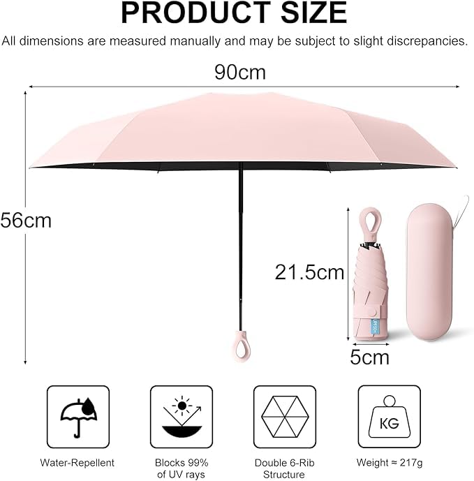 Image of Mini Umbrella with Case for Men & Women (Manual Open) Compact Travelling Pocket Umbrella, Polyester & UV Protect Fabric for Summer /Anti-Slip Handle- Use in Rain & Summer