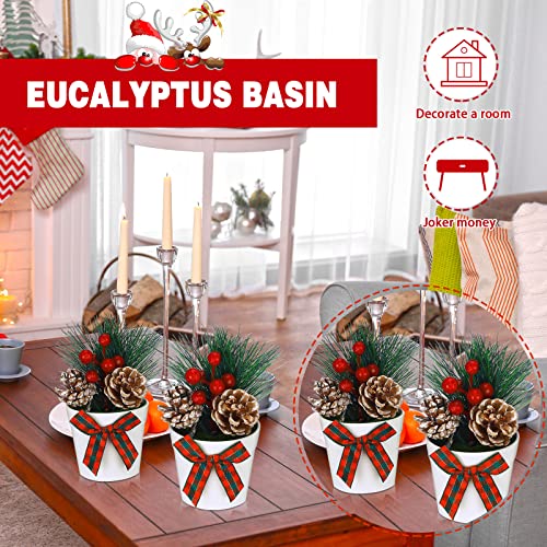 3 Set Christmas Tiered Tray Decor Mini Potted Artifical Pinecones Pine Needles Decor Red Berry Sticks Bow Tie For Tiered Trays Artificial Potted Plants For Home Decor (Red Plaid Style) #TOP4