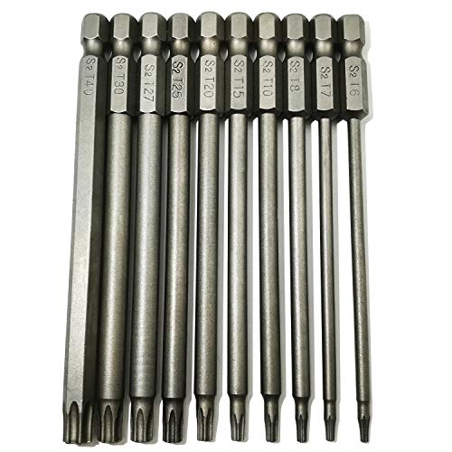 10 Pieces Torx Security Head Screwdriver Drill Set T6 T7 T8 T10 T15 T20 T25 T27 T30 T40 Torx Bits 1/4 Inch Magnetic Hex Shank 4 Inch Length S2 Steel Tamper Proof Star Screwdriver Bits Tools